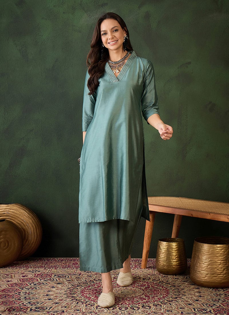 Teal Silk Blend Kurta with Palazzo Set – Elegant After Six Wear