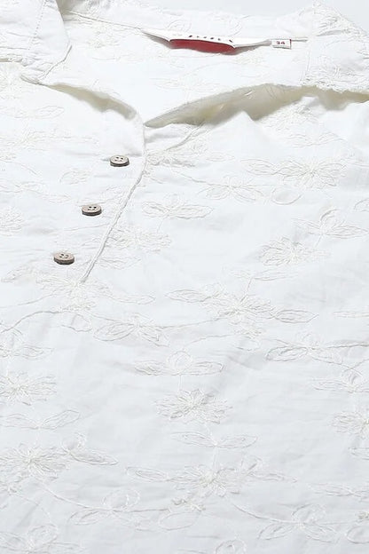 White Cotton Embroidered Short Kurta with Shirt Collar