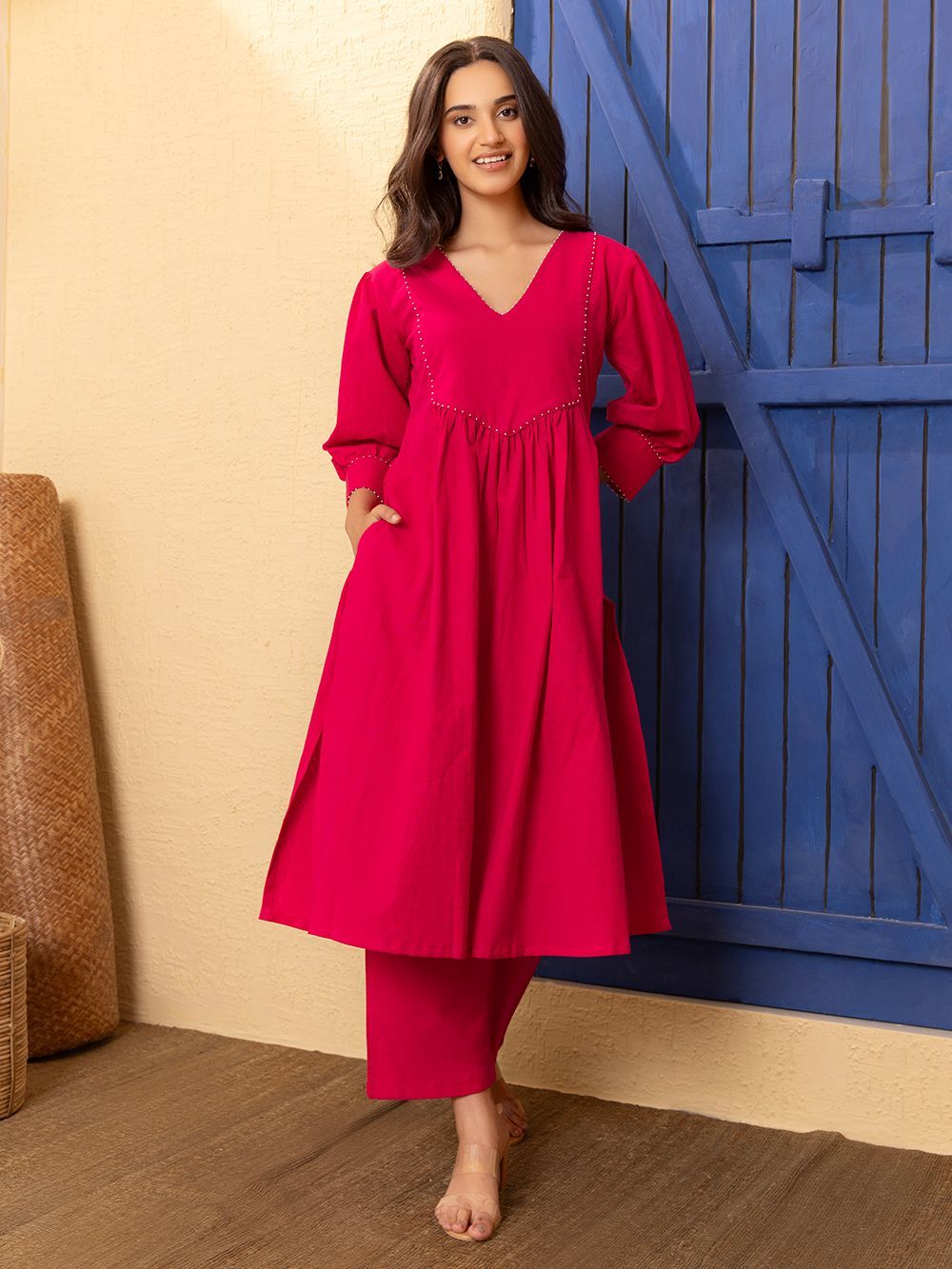 Elegant Pink Embroidered Organic Cotton Kurta & Pant Set – 2-Piece Ethnic Co-ord