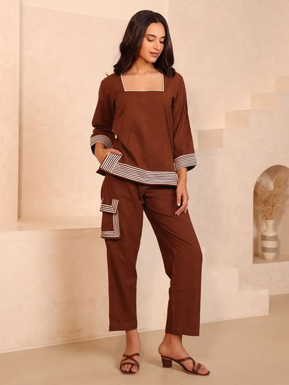 Brown Cotton Co-ords Set – Top & Trouser for Women