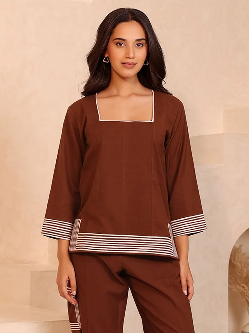 Brown Cotton Co-ords Set – Top & Trouser for Women