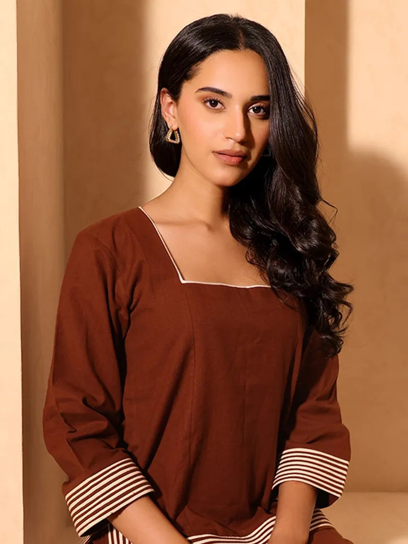 Brown Cotton Co-ords Set – Top & Trouser for Women
