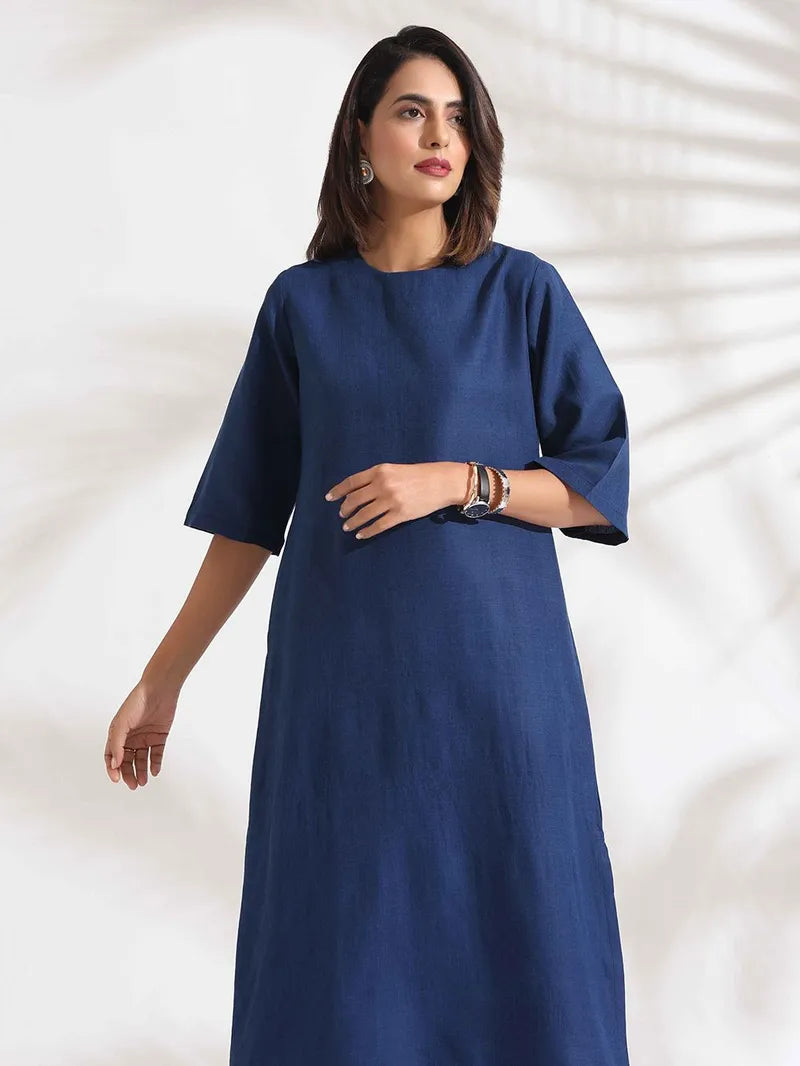 Blue Cotton Blend Midi Dress for Women