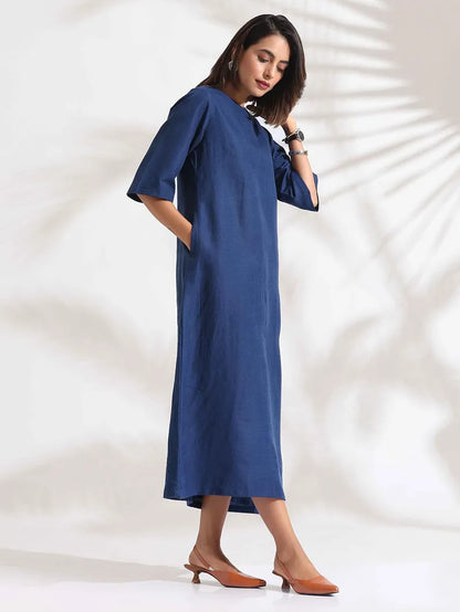 Blue Cotton Blend Midi Dress for Women