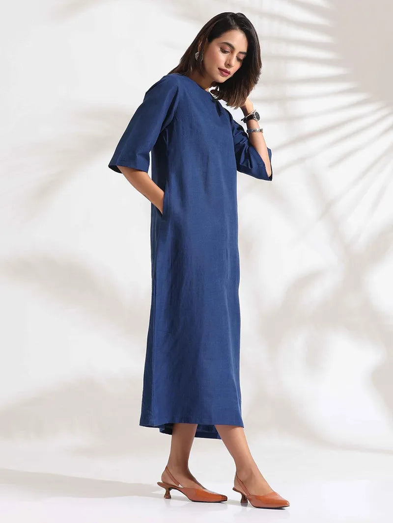 Blue Cotton Blend Midi Dress for Women